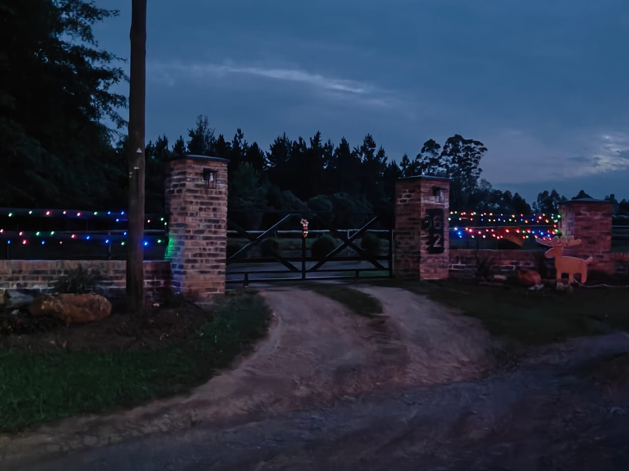 Estate entrance gate decorated with Christmas lights at dusk